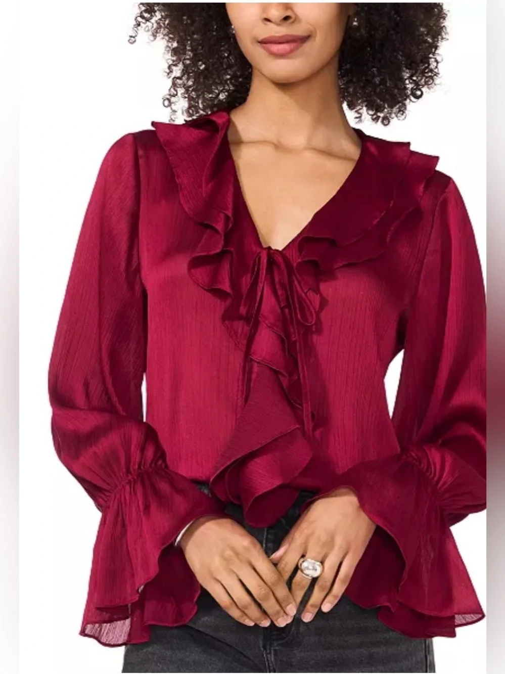 Vince Comuto- Ruffled V-Neck Bell-Sleeve Top - Picture 1 of 9
